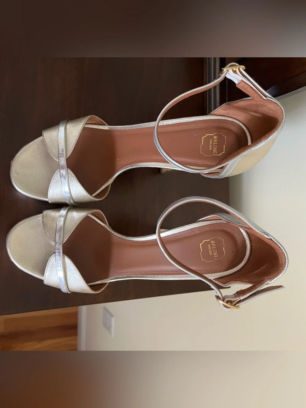 Malone Souliers Silver Metallic Platform Ankle-Strap Heels